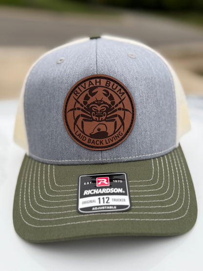 Rivah Bum with Leather Logo Patch - Richardson Snapback Trucker Hat - 112 | Heather Grey/Birch/Army Olive