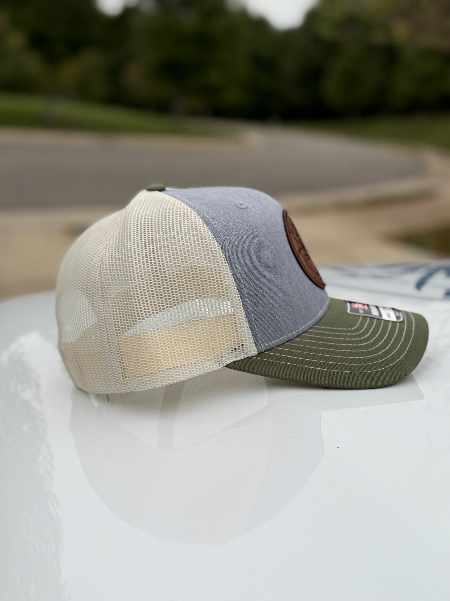 Rivah Bum with Leather Logo Patch - Richardson Snapback Trucker Hat - 112 | Heather Grey/Birch/Army Olive