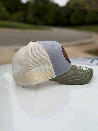 Rivah Bum with Leather Logo Patch - Richardson Snapback Trucker Hat - 112 | Heather Grey/Birch/Army Olive