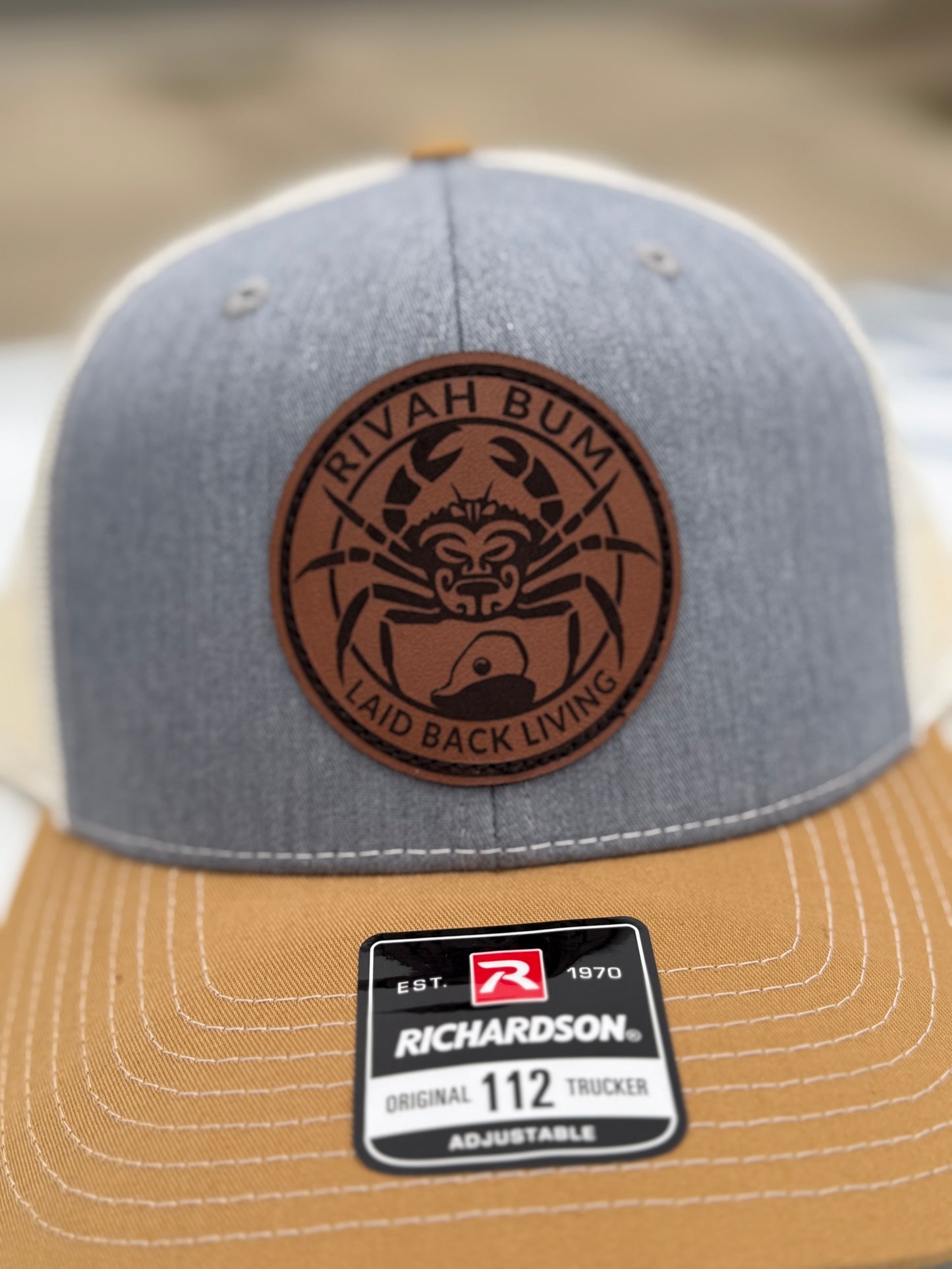 Rivah Bum with Leather Logo Patch - Richardson Snapback Trucker Hat - 112 | Heather Grey/Birch/Amber Gold