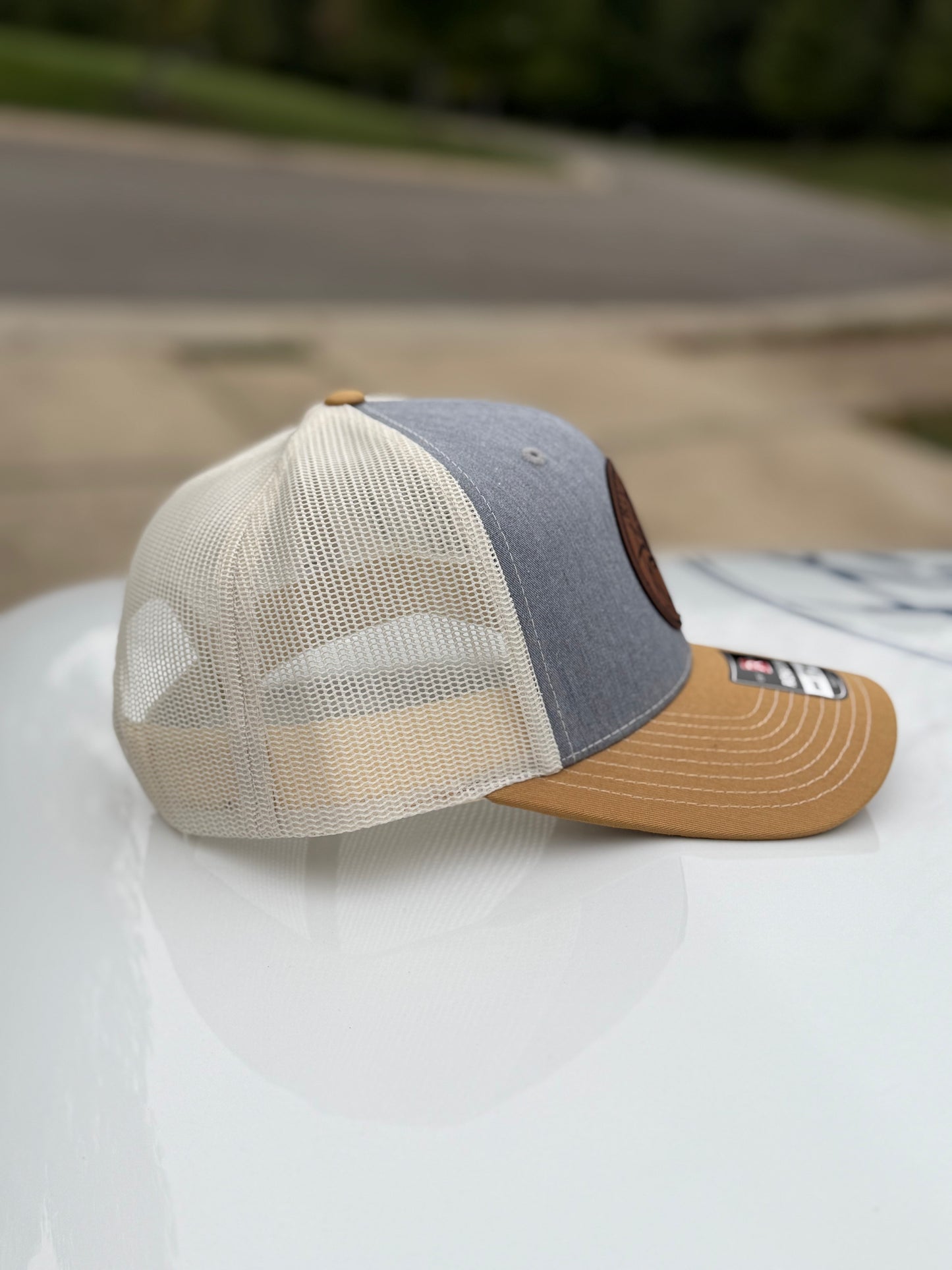 Rivah Bum with Leather Logo Patch - Richardson Snapback Trucker Hat - 112 | Heather Grey/Birch/Amber Gold