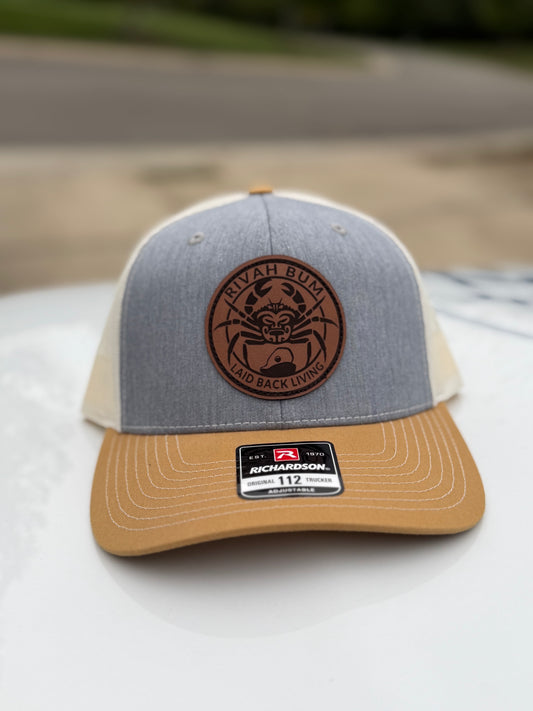 Rivah Bum with Leather Logo Patch - Richardson Snapback Trucker Hat - 112 | Heather Grey/Birch/Amber Gold