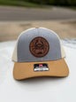 Rivah Bum with Leather Logo Patch - Richardson Snapback Trucker Hat - 112 | Heather Grey/Birch/Amber Gold
