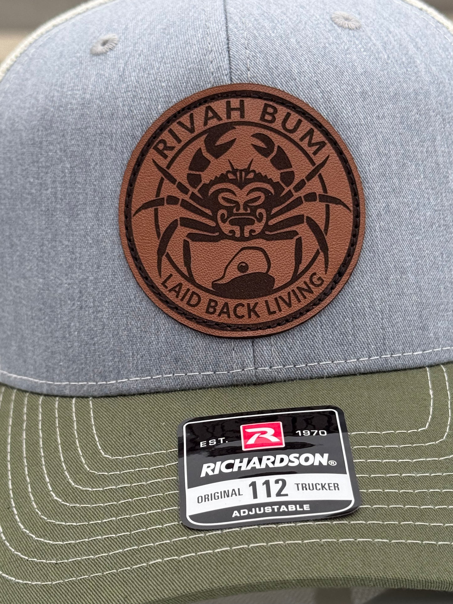 Rivah Bum with Leather Logo Patch - Richardson Snapback Trucker Hat - 112 | Heather Grey/Birch/Army Olive