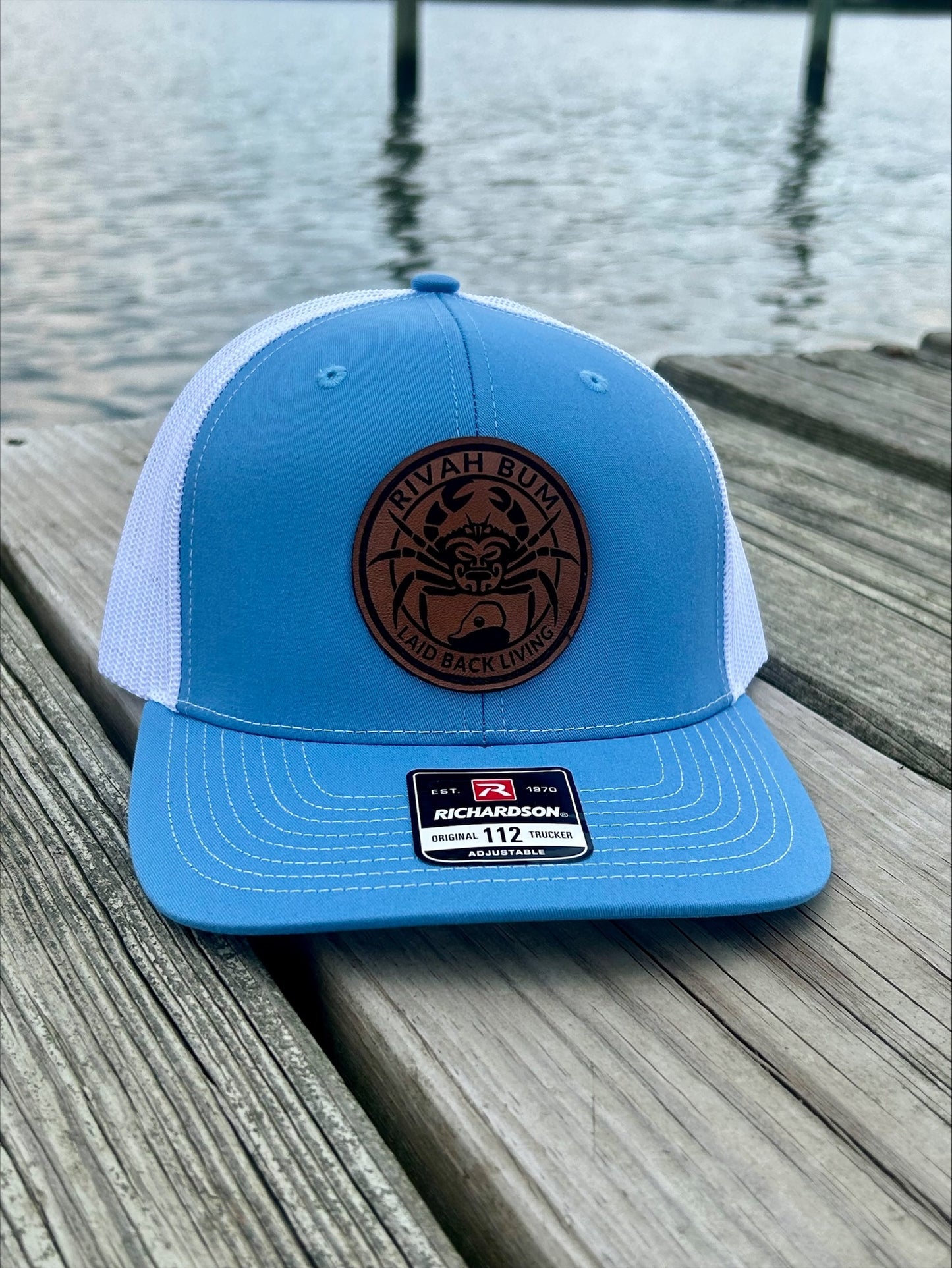 Rivah Bum with Leather Logo Patch - Richardson Snapback Trucker Hat - 112  | Columbia Blue/White