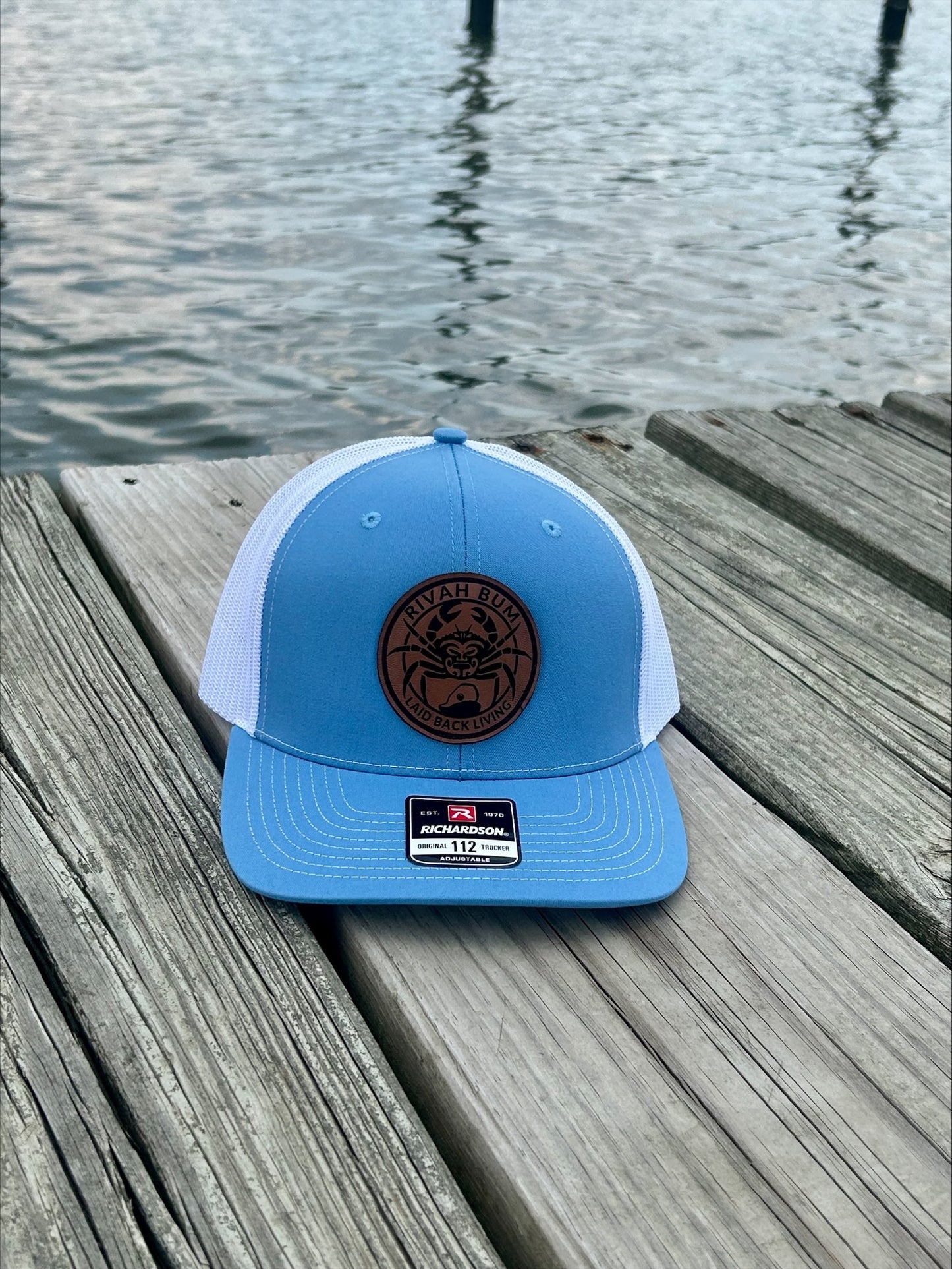 Rivah Bum with Leather Logo Patch - Richardson Snapback Trucker Hat - 112  | Columbia Blue/White